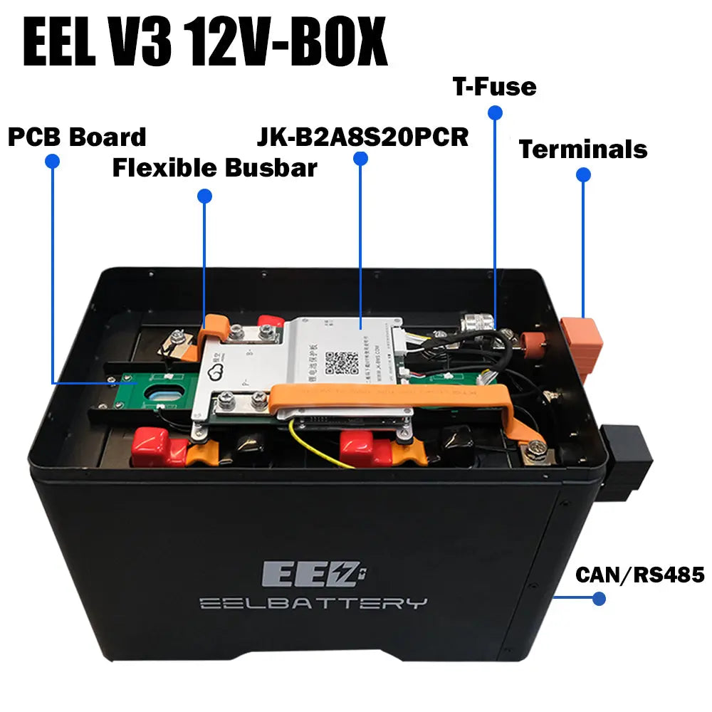 12V DIY Kit LiFePO4 Battery Box with JK 200A Active Balance BMS, 250A Fuse for Solar Power USA Stock EEL BATTERY