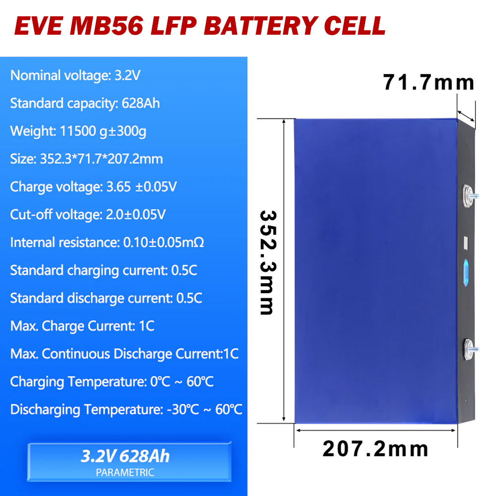 4PCS 3.2V 628Ah EVE MB56 with Double-thread Studs Grade A LiFePO4 Battery Cells Full Capacity China Shipping