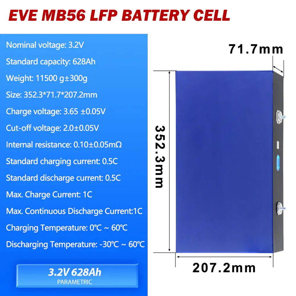4PCS 3.2V 628Ah EVE MB56 with Double-thread Studs Grade A LiFePO4 Battery Cells Full Capacity China Shipping EEL BATTERY