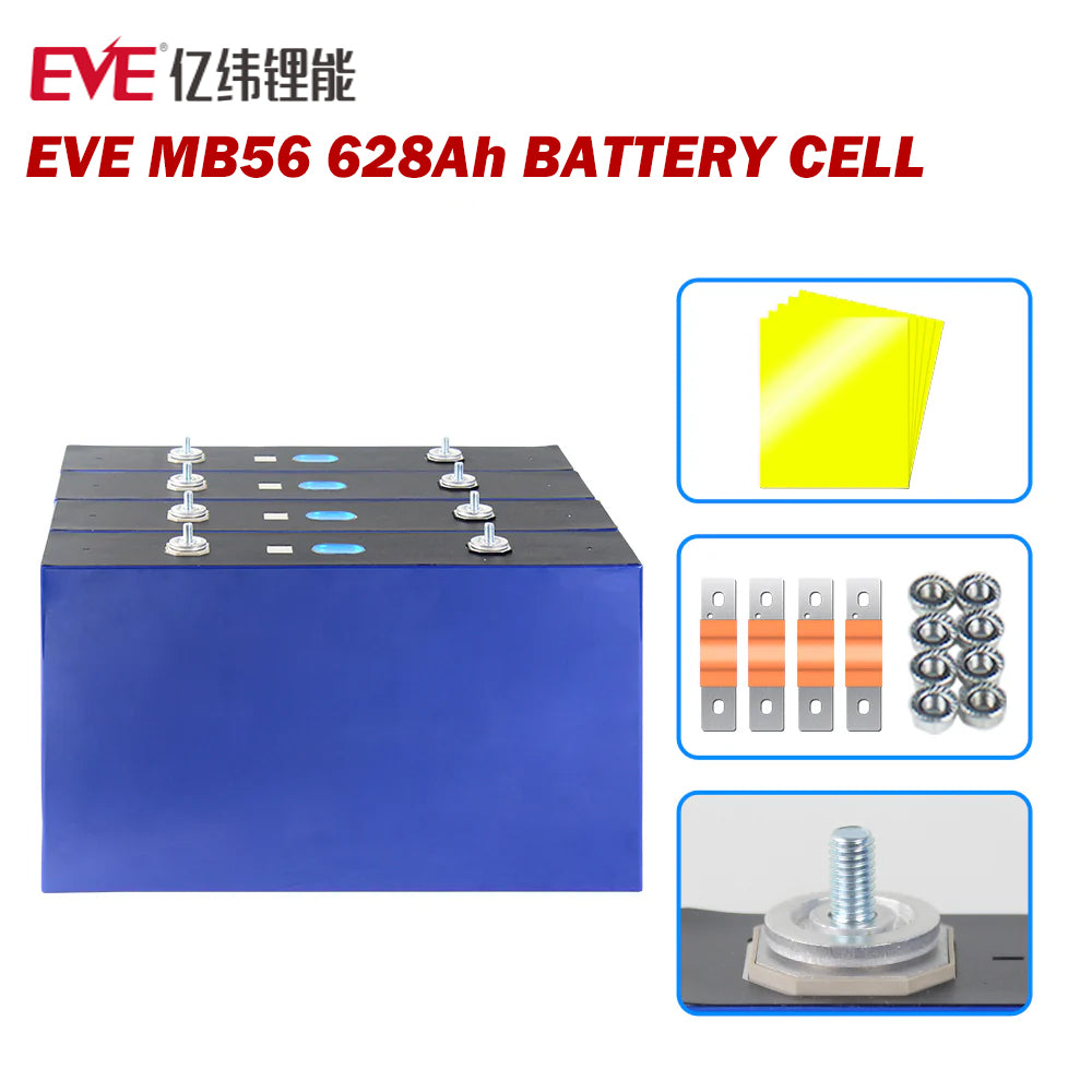 4PCS 3.2V 628Ah EVE MB56 with Double-thread Studs Grade A LiFePO4 Battery Cells Full Capacity China Shipping