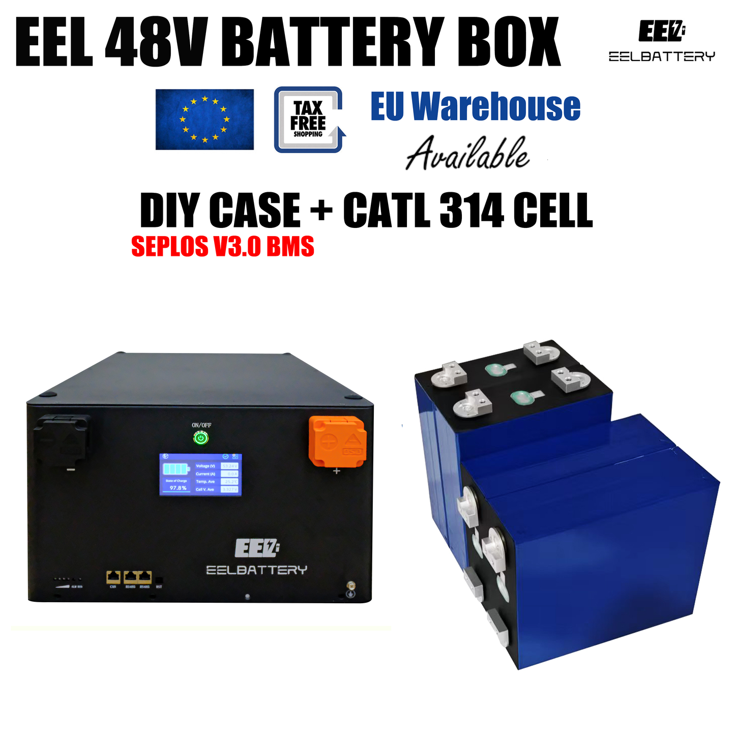 EU Stock-EEL 48V 16S Battery DIY Kit Box with 200A Seplos V3.0 Bluetooth BMS Multi-languages for Energy Storage Free Shipping & Free Tax EEL BATTERY