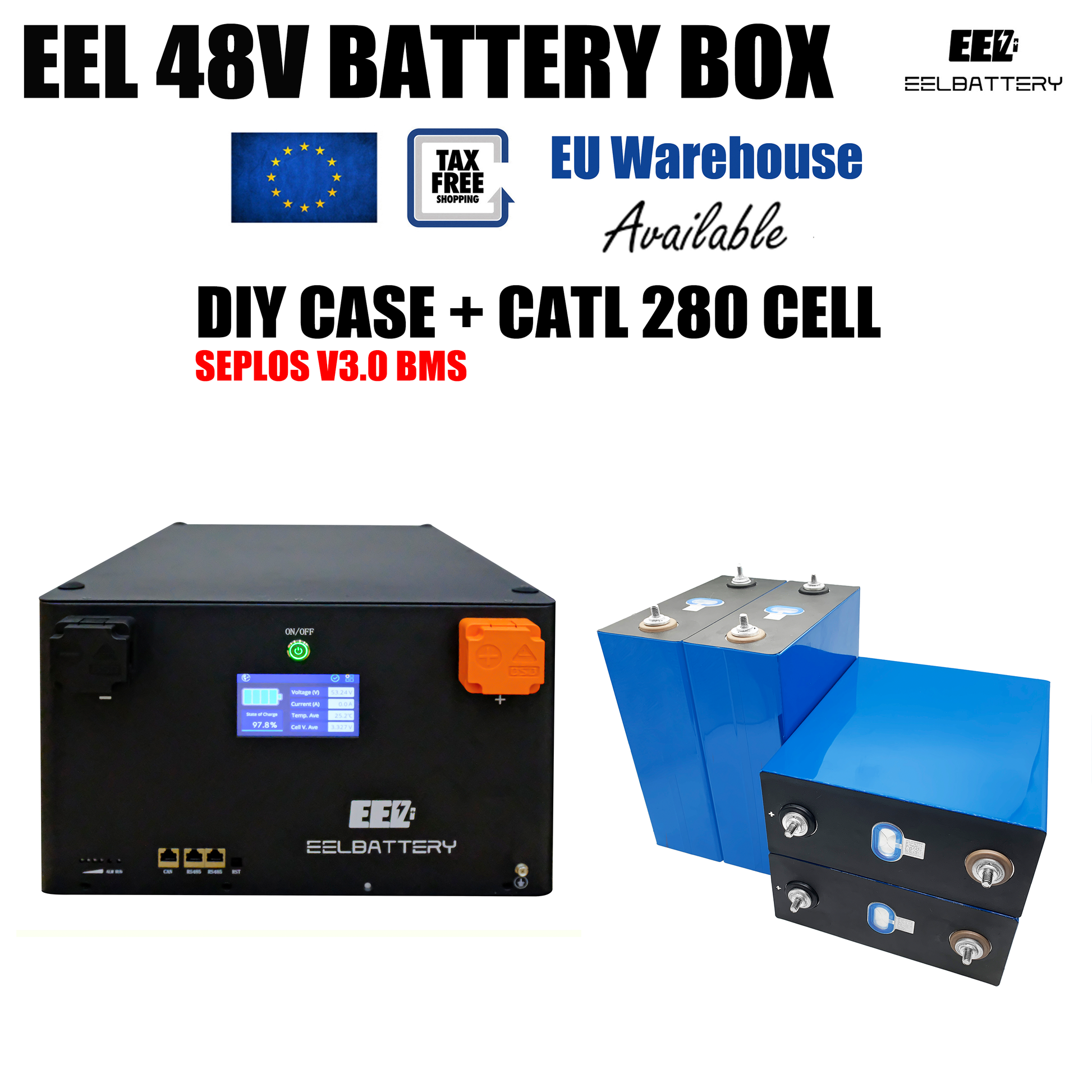 EU Stock-EEL 48V 16S Battery DIY Kit Box with 200A Seplos V3.0 Bluetooth BMS Multi-languages for Energy Storage Free Shipping & Free Tax EEL BATTERY