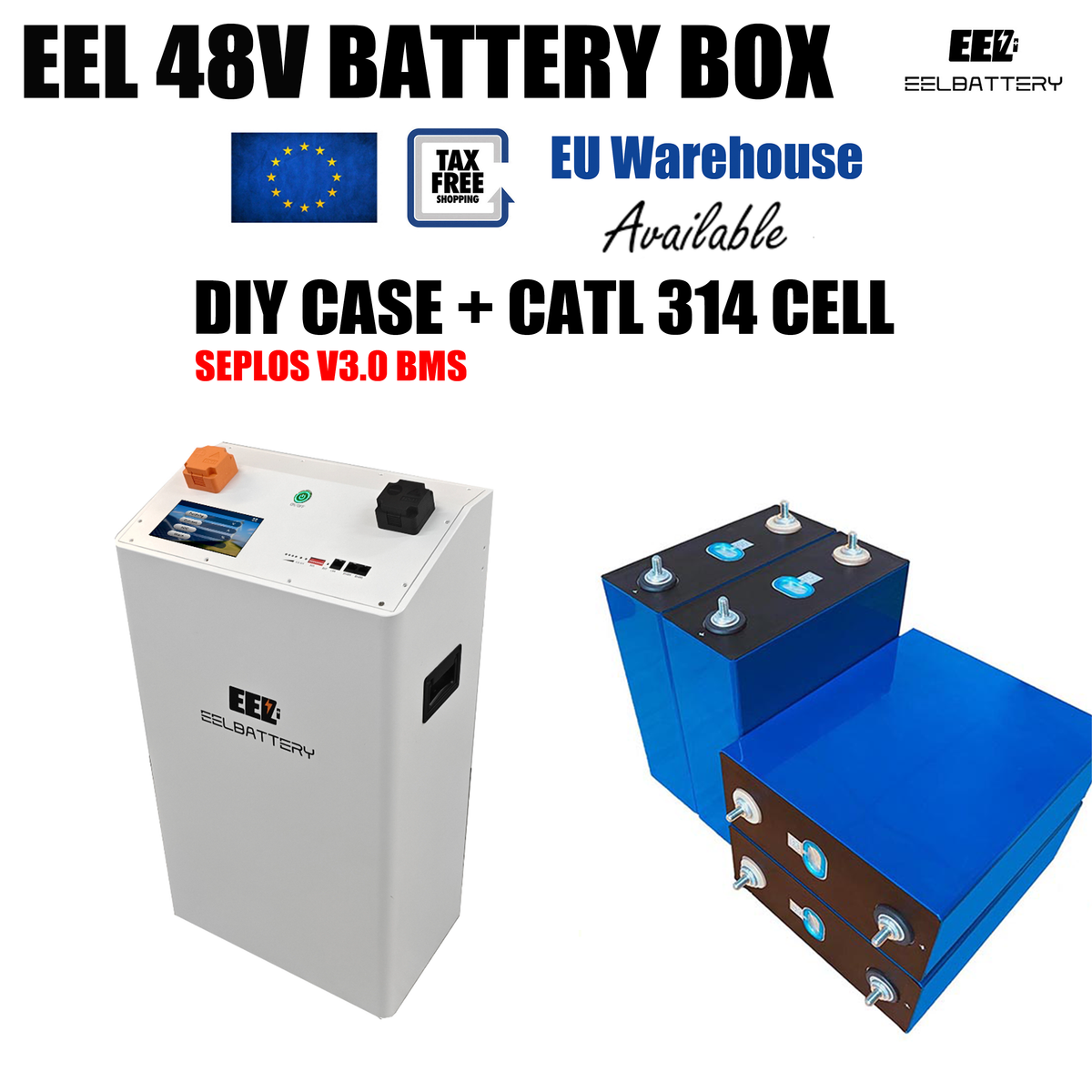 EU Stock-EEL 48V 16S Battery DIY Kit Box with 200A Seplos V3.0 Bluetooth BMS Multi-languages for Energy Storage Free Shipping & Free Tax