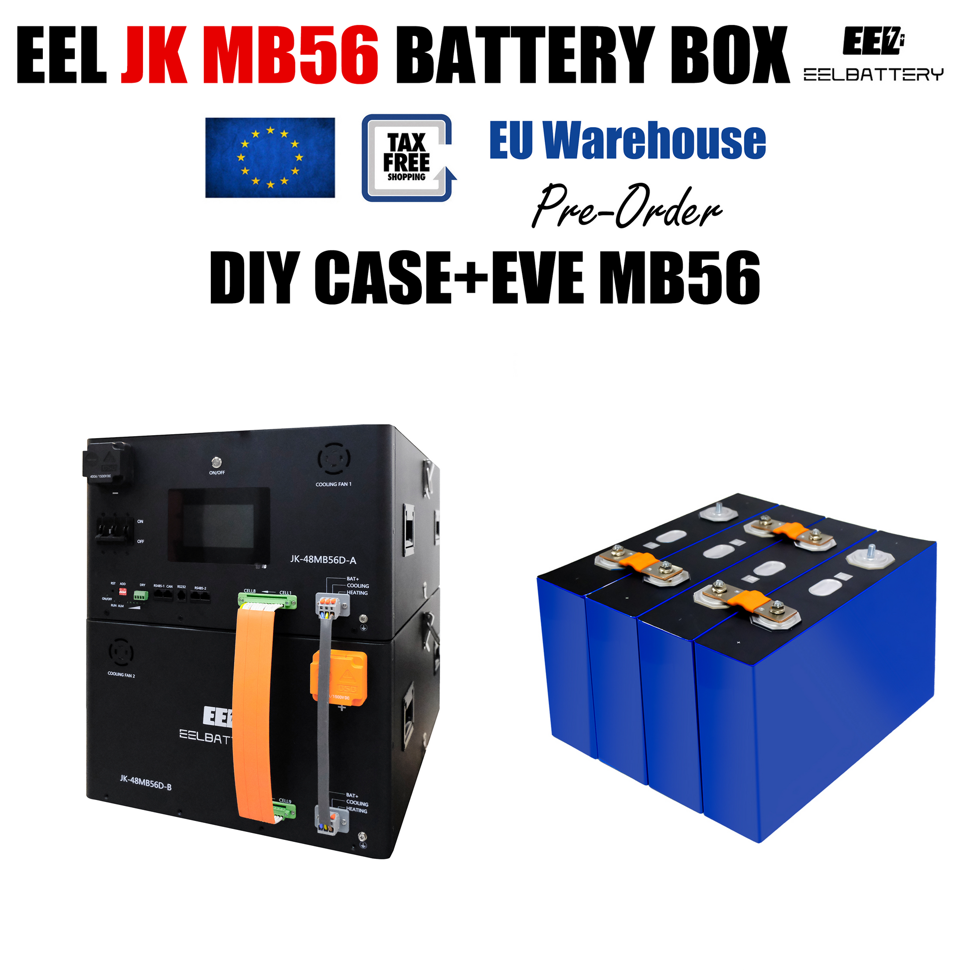 EU Stock-EEL 32kwh 51.2V 16S 628Ah EVE MB56 Horizontal Battery Box DIY Kits with 300A JK V19 BMS For Solar Energy Storage System EV RV EEL BATTERY
