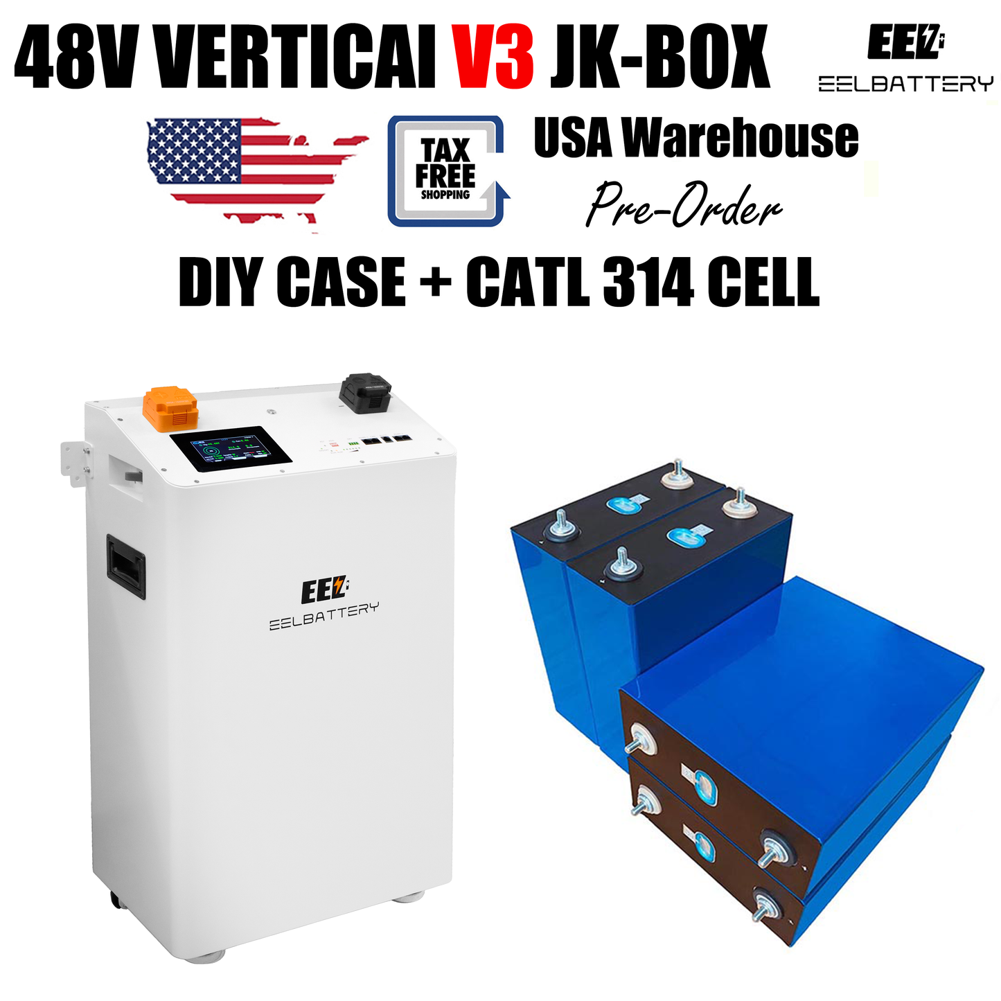 USA Stock-EEL 48V 16S DIY Vertical V19 JK Box DIY Battery Kits with JK Inverter BMS and Wheels Free Shipping& Free Tax& With Cells Pre-Sale