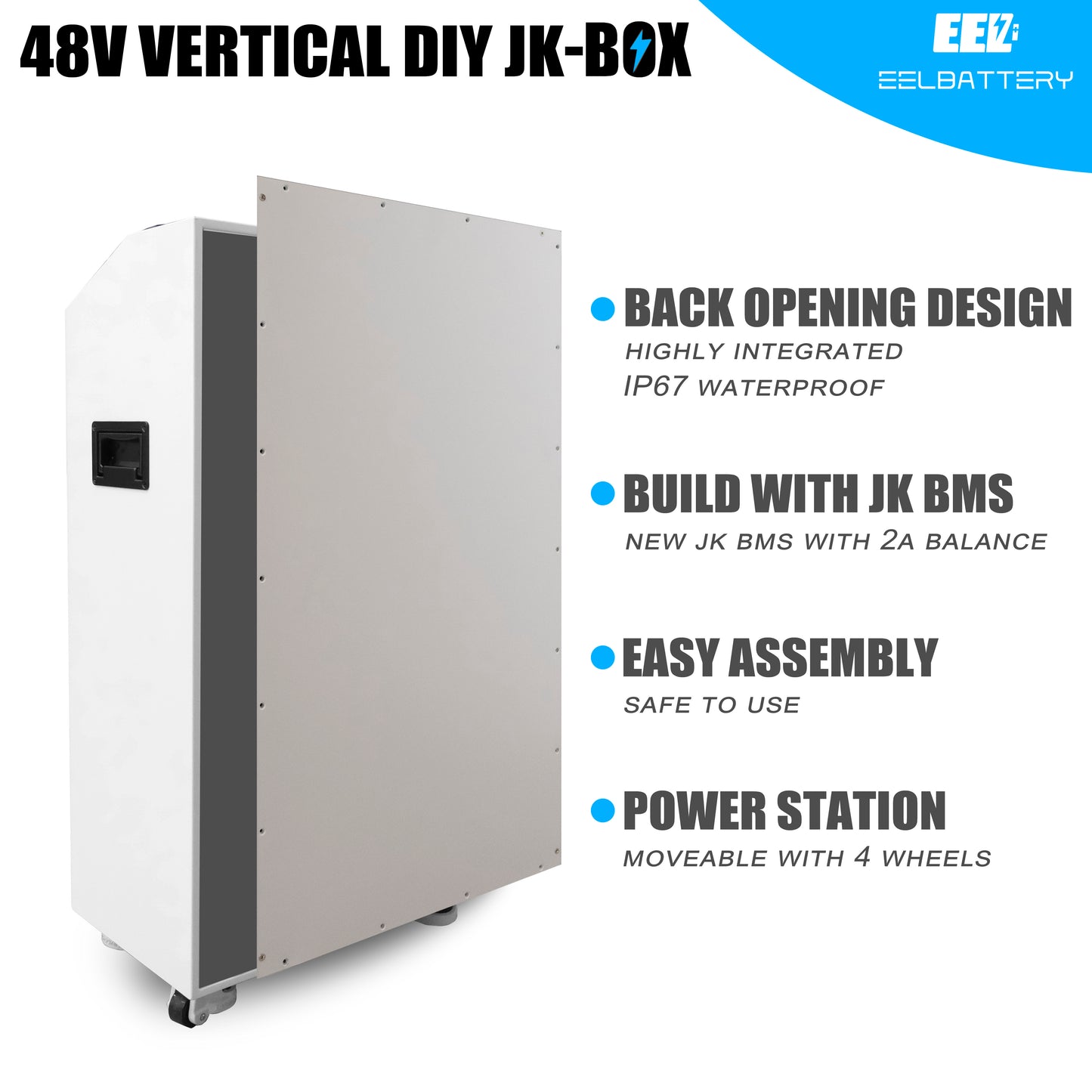 EEL 48V 16S DIY vertikale Batteriekasten-DIY-Kits mit JK-Wechselrichter BMS und Rädern