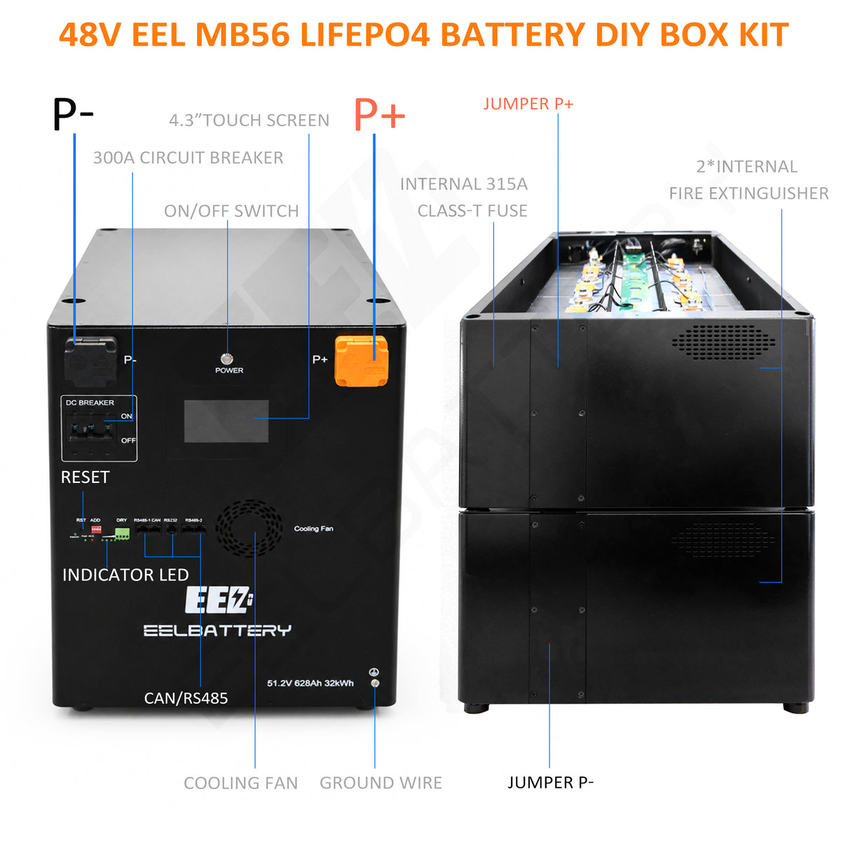 EEL 32kwh 51.2V 16S 628Ah EVE MB56 Stackable Battery Box DIY Kits with 300A JK V19 BMS For Solar Energy Storage System
