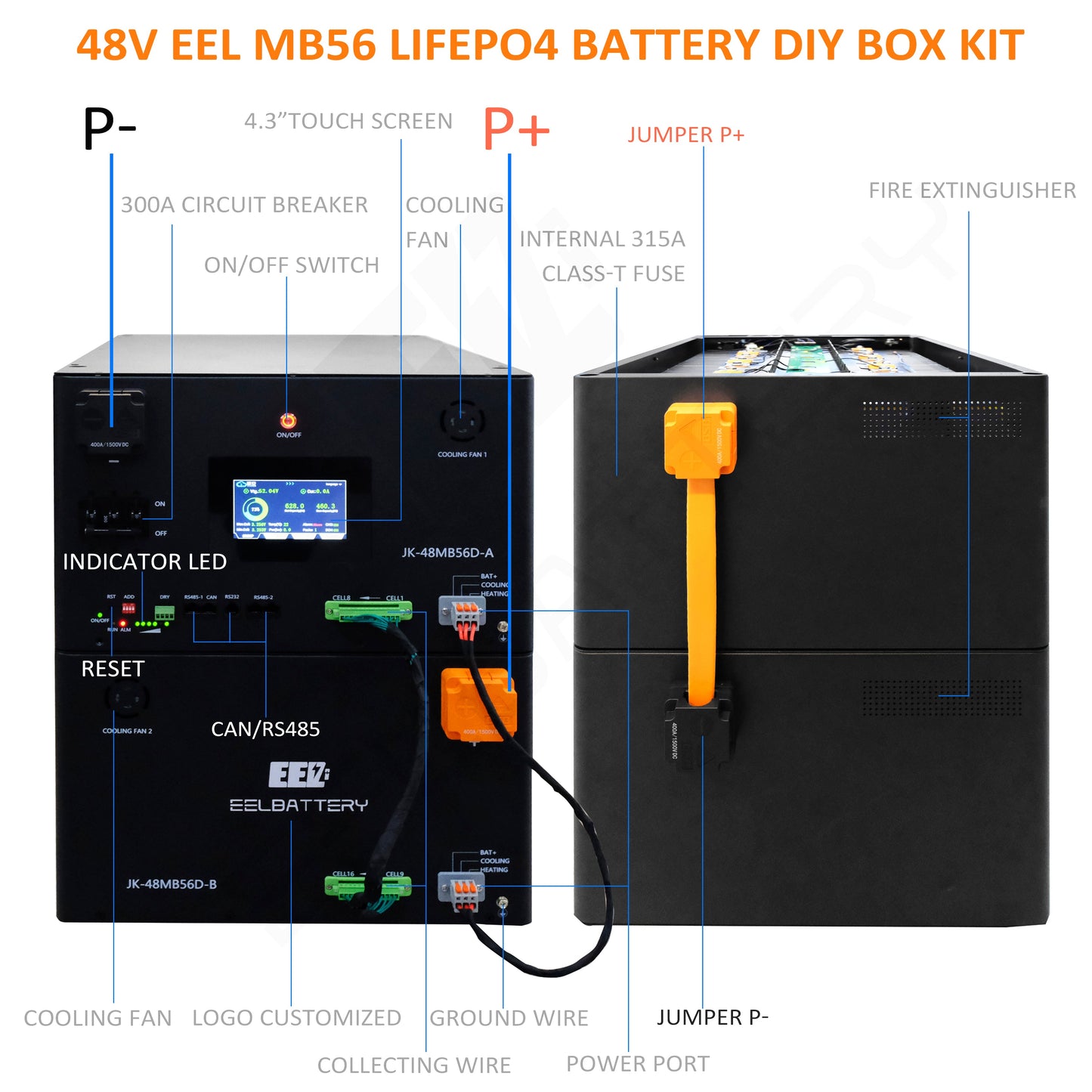 EEL 32kwh 51.2V 16S 628Ah EVE MB56 Battery Box DIY Kits with 300A JK V19 BMS Lifepo4 Cell Lithium Battery EEL BATTERY