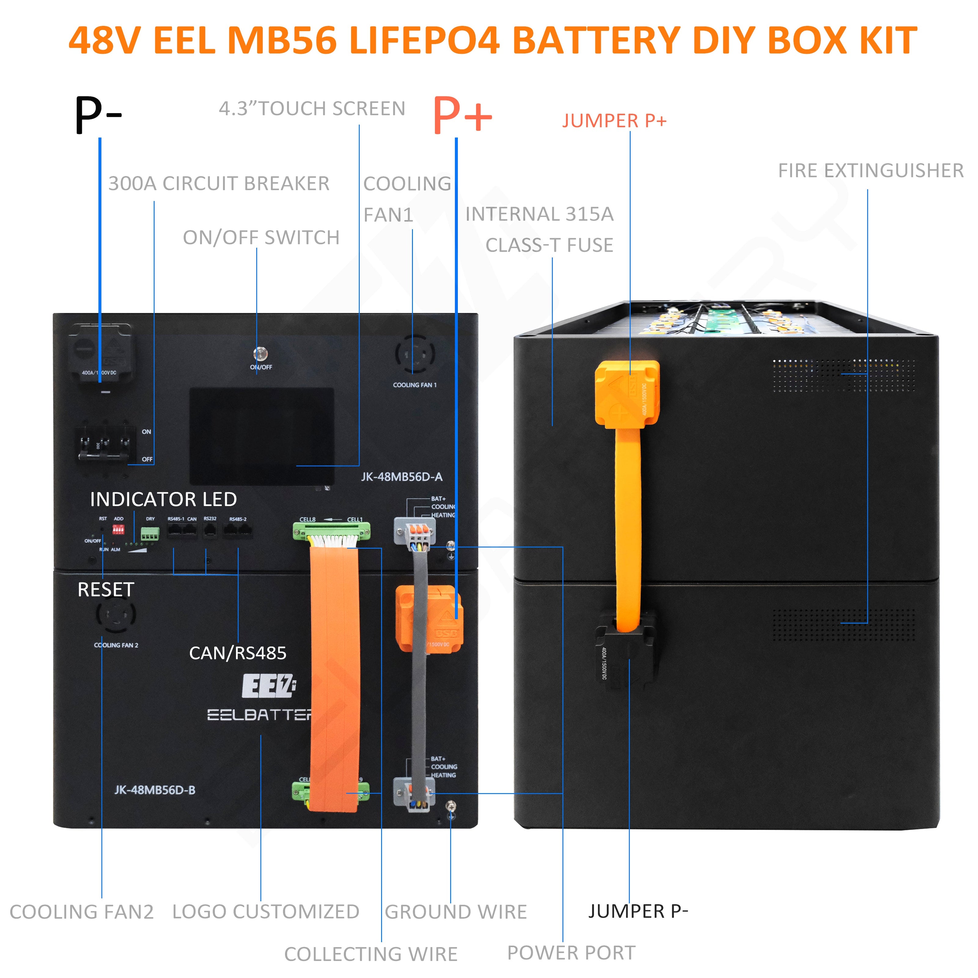 EU Stock-EEL 32kwh 51.2V 16S 628Ah EVE MB56 Horizontal Battery Box DIY Kits with 300A JK V19 BMS For Solar Energy Storage System EV RV EEL BATTERY