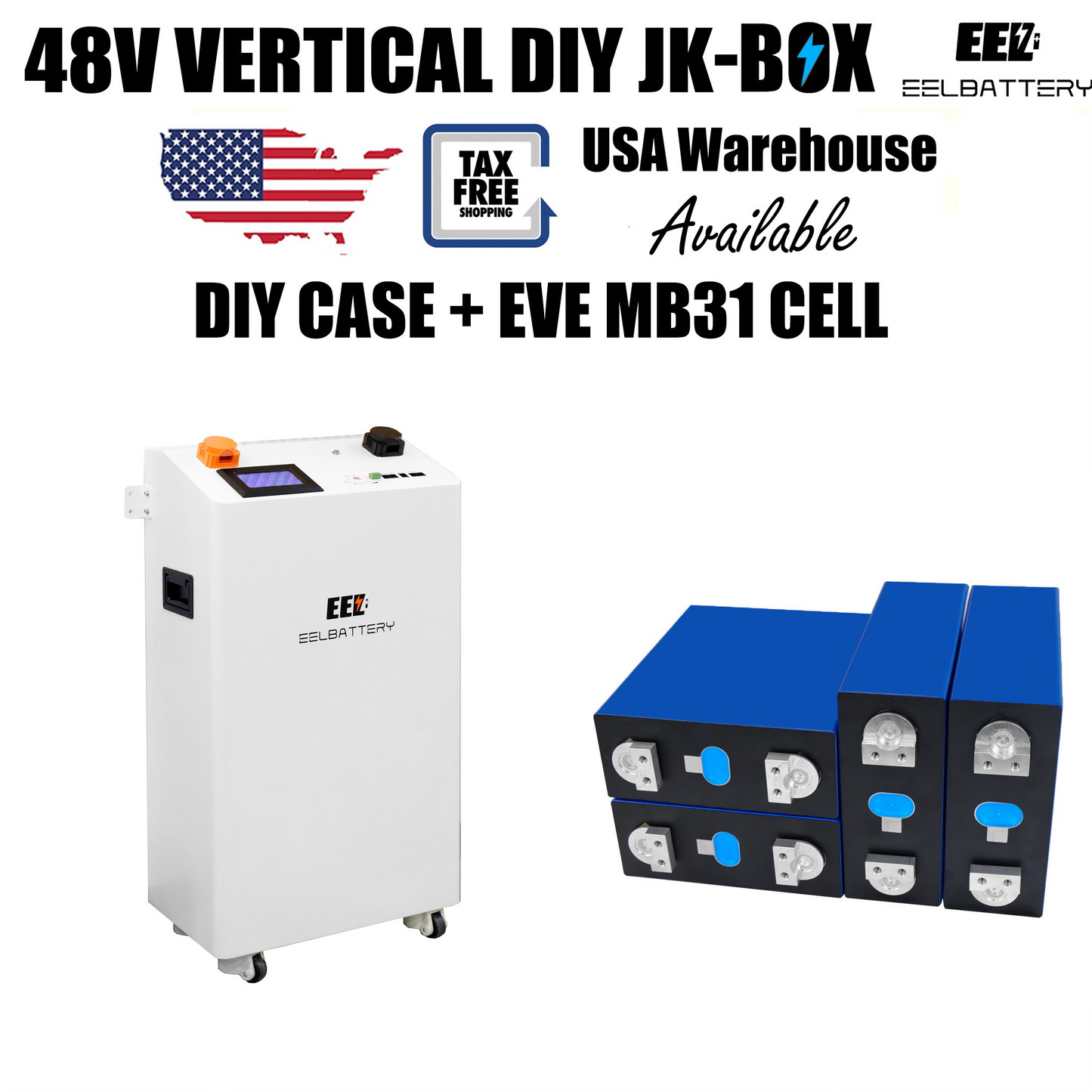 EEL 48V 16S DIY Vertical V19 JK Box DIY Battery Kits with JK Inverter BMS and Wheels USA Stock EEL BATTERY