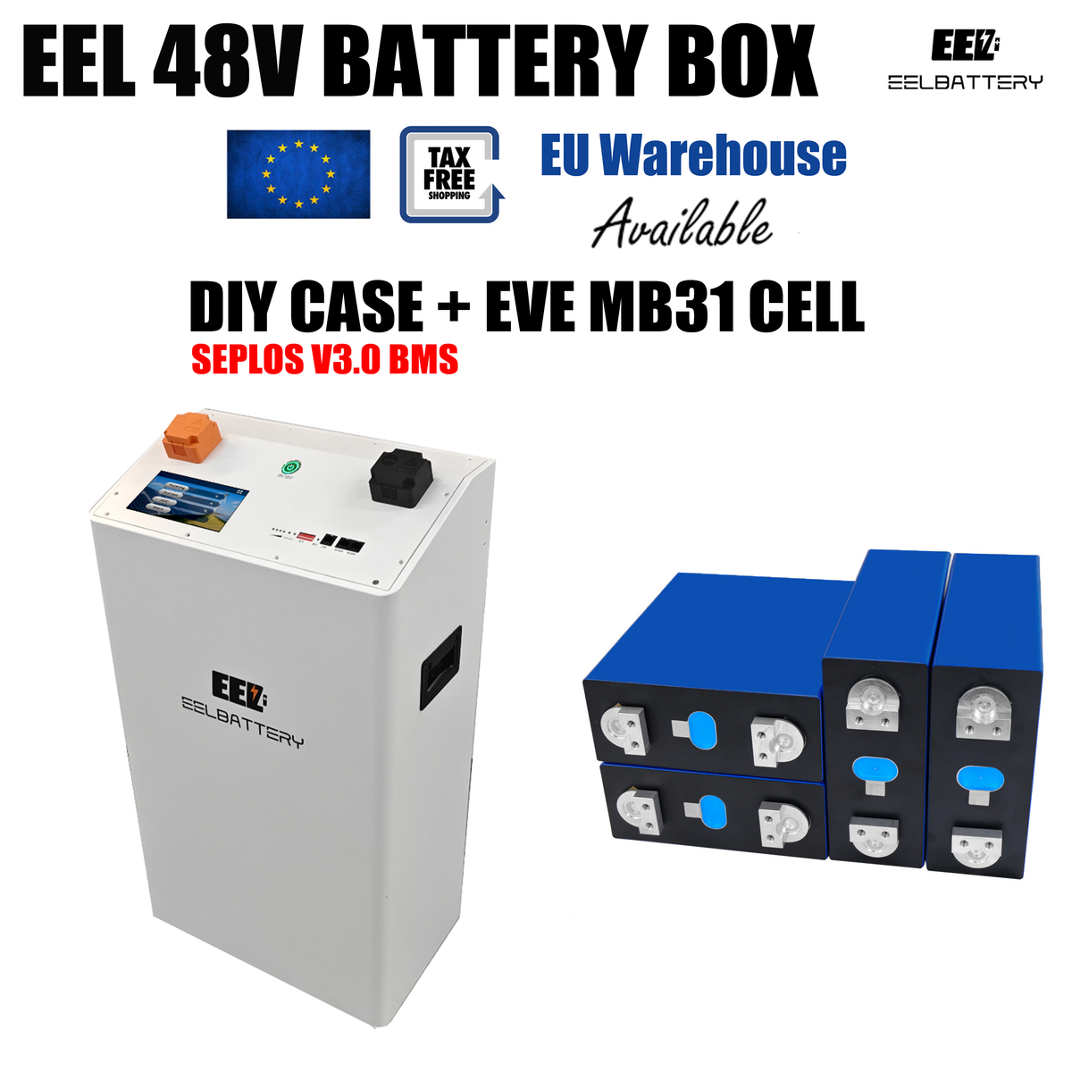 EU Stock-EEL 48V 16S Battery DIY Kit Box with 200A Seplos V3.0 Bluetooth BMS Multi-languages for Energy Storage Free Shipping & Free Tax