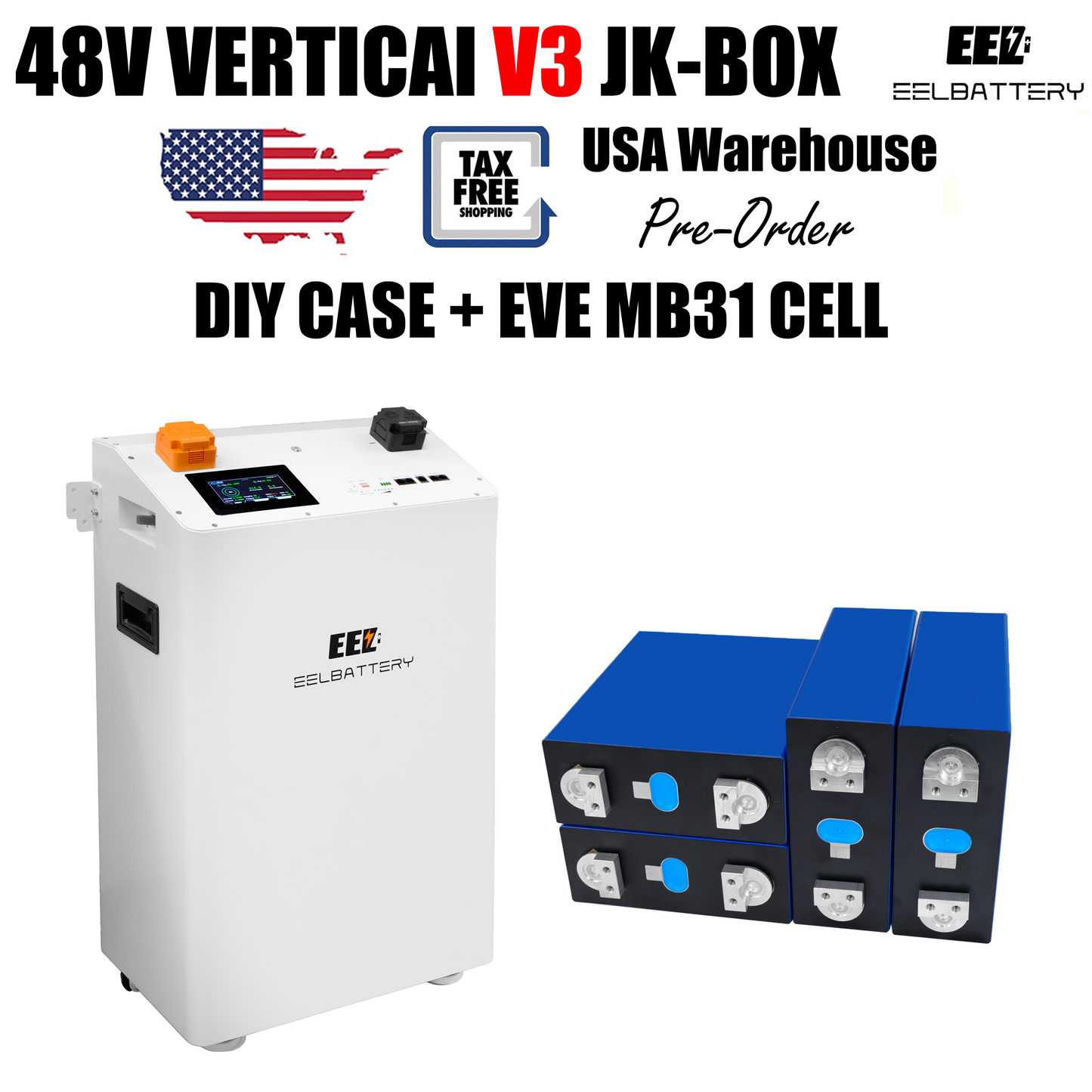USA Stock-EEL 48V 16S DIY Vertical V19 JK Box DIY Battery Kits with JK Inverter BMS and Wheels Free Shipping& Free Tax& With Cells Pre-Sale