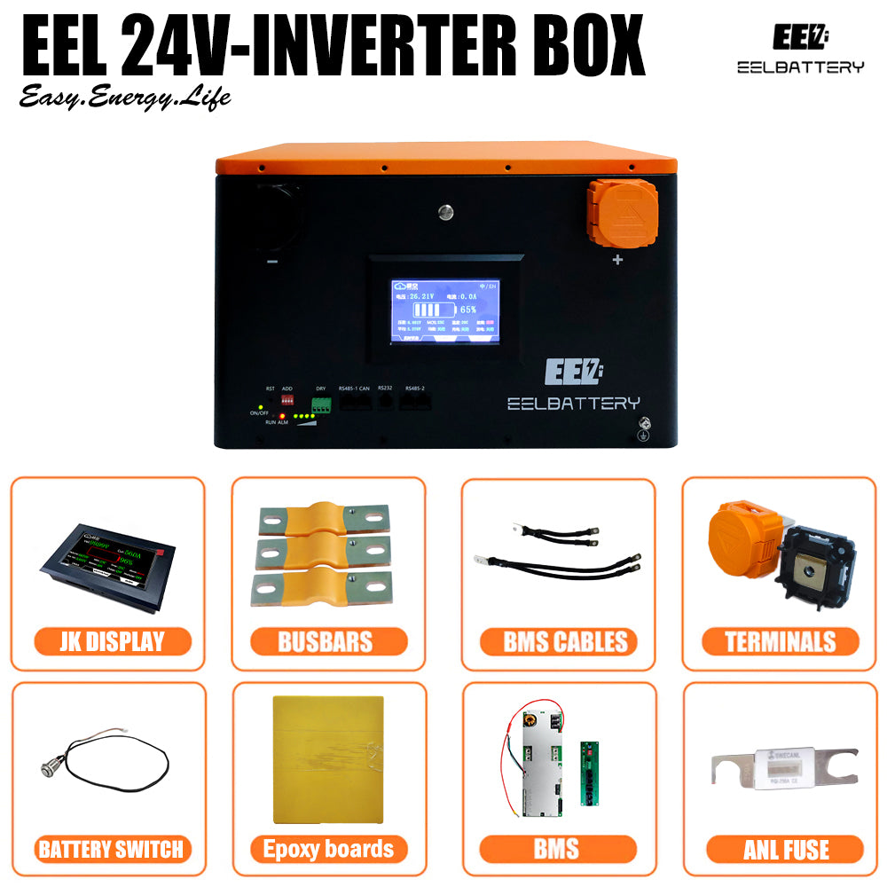 24V DIY Case LiFePO4 Battery Box with JK Inverter 200A Active Balance Smart BMS for Golf Cart,RV,Camper Yacht EEL BATTERY